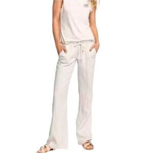 NWOT ROXY Pant M Linen Blend Flare Leg Drawstring Pocket Elastic Waist